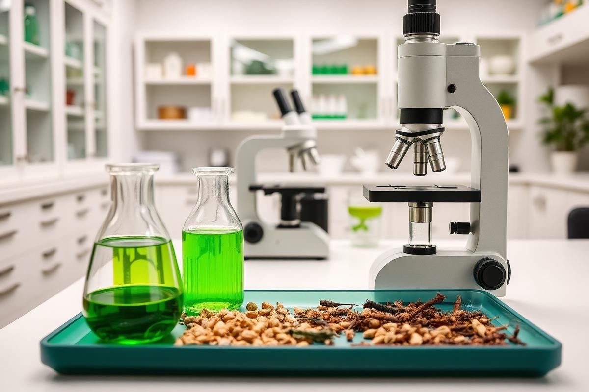Siddha research laboratory with herbal extracts and microscope